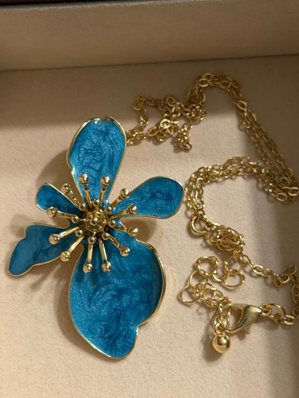 Vintage Golden Blue Enamel Asymmetrical Exaggerated Flower Statement Necklace